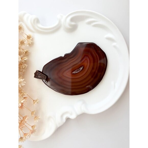 Brown Sliced Agate Stone Freeform Shaped Large Silver Toned Vintage Pendant - Picture 4 of 11
